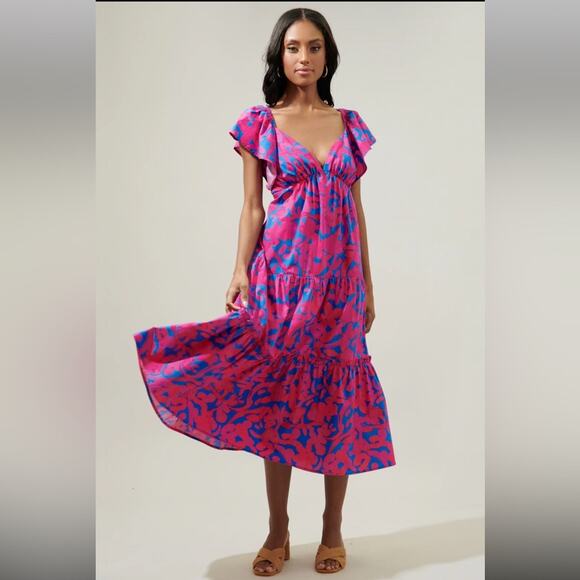 Sugarlips Pink and Blue Floral Yeraldi Berry Fiora Ruffle Open Back Midi Dress S - Picture 2 of 11